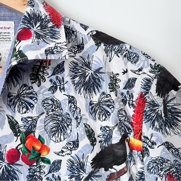 A Fish Named Fred Toucan Leaf Print Colorful Short Sleeve Shirt from Amsterdam M - Picture 3 of 14